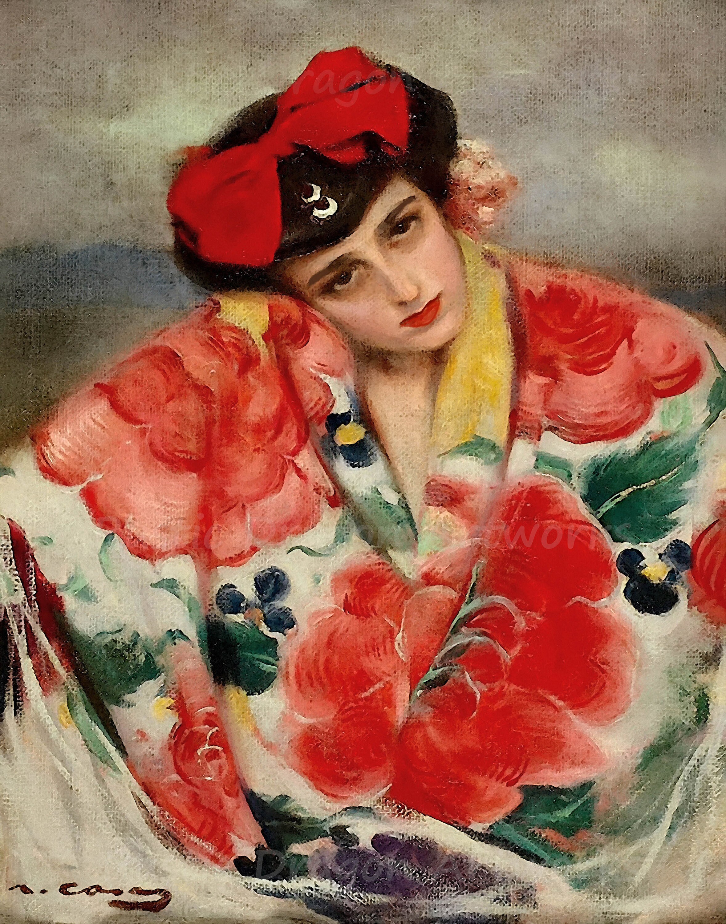 Ramon Casas Girl With A Shaw 1800's Reproduction Digital Print Life Wall Hanging Portrait Of Beautiful Brunette Woman Big Red Bow in Hair"