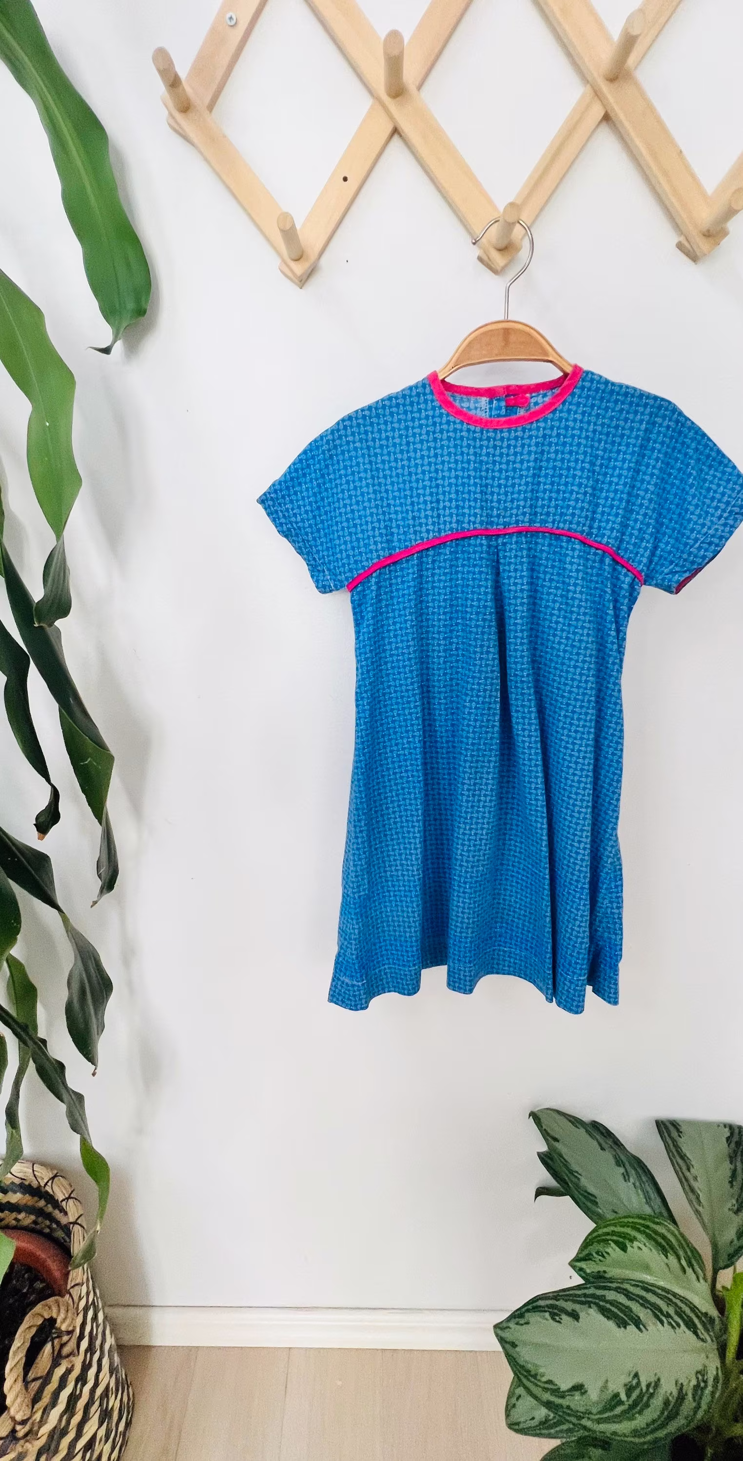 Girls Vintage Dress, Blue Pink, Folksy, Boho, Casual