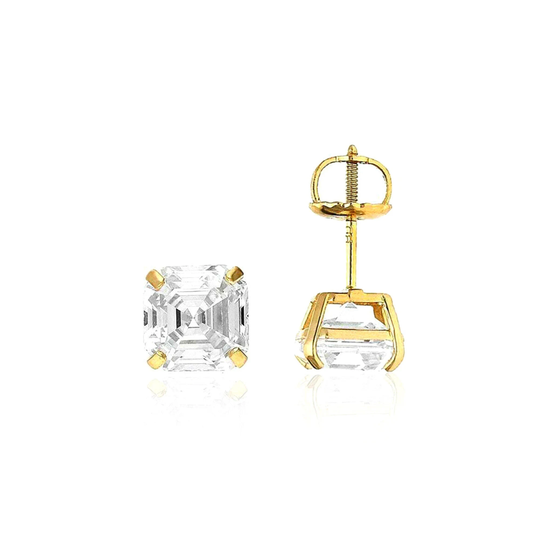 Solitaire 6mm Asscher Stud Earrings Real 14K Gold 2 Ct Created Diamond 14K Solid Yellow Screw Back