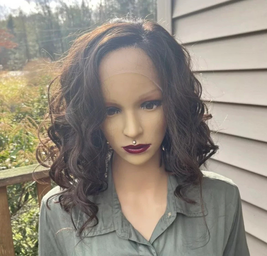 Short Curly Brown Human Hair Blend Free Parting Daily Wig. Cosplay Party