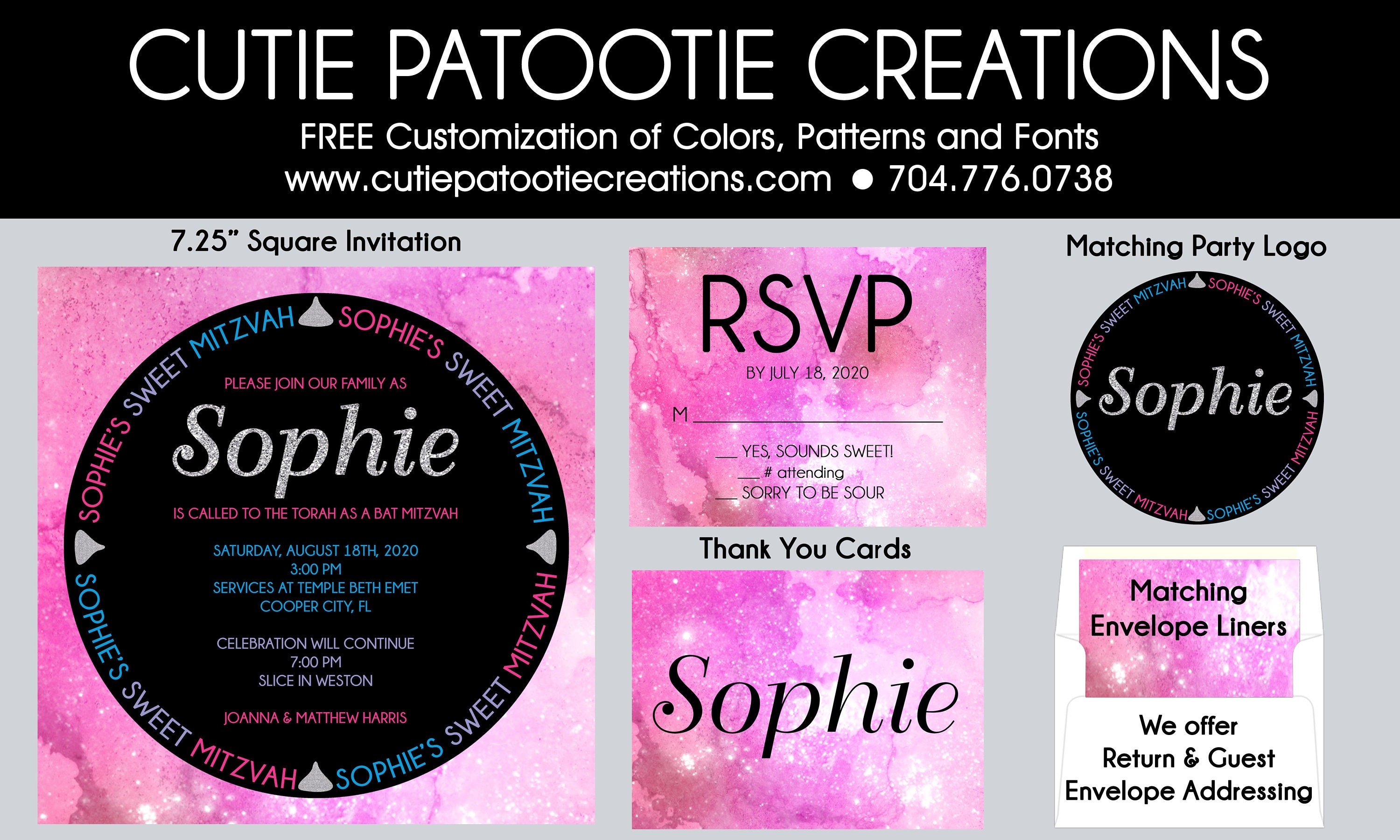 Candy Bat Mitzvah Invitations - Rsvp Card Thank You Notes Save The Date Logo Envelope Addressing Liner