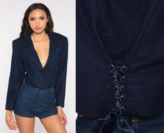 Cropped Blue Blazer Navy Wool Blend Jacket Y2K Button Up Collared Tailored Fitted Preppy Classic 00S Hipster Vintage Women's Medium