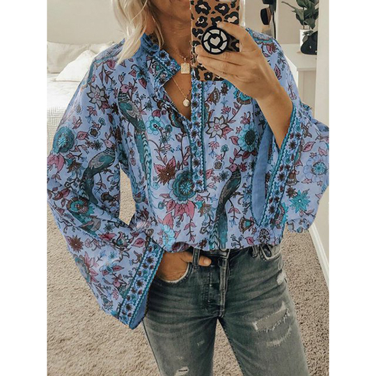 White Long Sleeve Floral Cotton-Blend Floral-Print Shirt in 5 Color Choices - Blue, M
