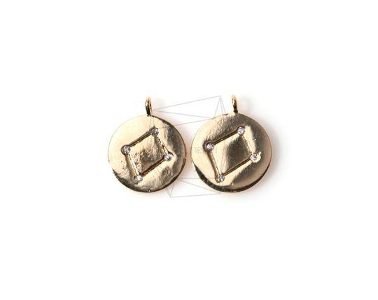 Pdt-1011-G/2Pcs - Zodiac Sign Charm(Libra/Constellation Disc Pendant/10mm/Gold Plated Over Brass/Jewelry Making