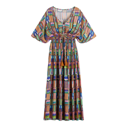 Multicolor Geometric Rhythm Stripe Mira Kaftan Dress - Small by World Market