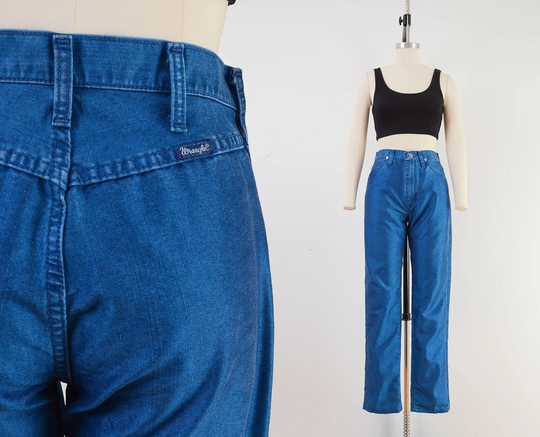 Wrangler Pants | 80S Vintage Shiny Blue High Waist Slim Fit Cotton Blend Size Xs