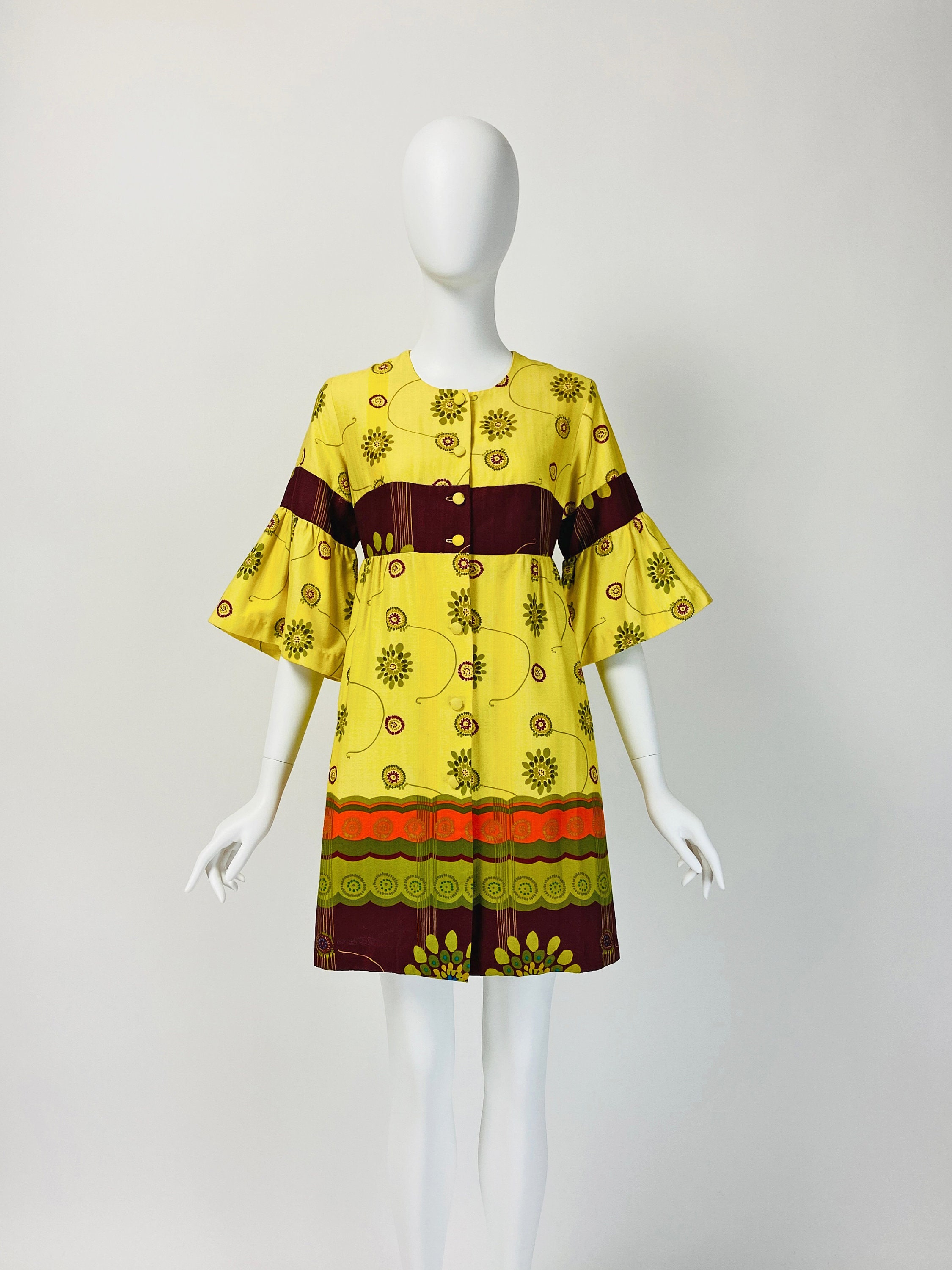 Vintage 60S Mini Dress, Hawaiian Bell Sleeve Beach Coverup, Summer Jacket Vintage, Boho Small Size 4 Us, 8 Uk, G90