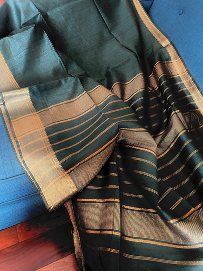 Blended Soft Cotton Silk Maheshwari Saree in Dark Green & Gold | Bengal Looms