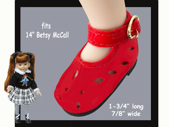 Betsy Mccall 14 Inch Doll Red Mary Jane Shoes, Vintage Shiny Vinyl Shoes With Buckles