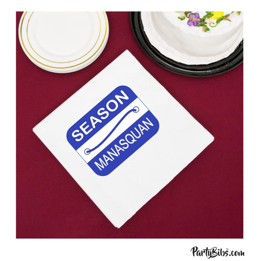 Manasquan Beach Badge Napkins, Pack Of 25, Beverage Cocktail Size, White With Imprint-Great For Parties