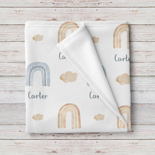Boho Rainbows Blue & Brown Baby Boy Personalized Blanket, Custom Name Baby Shower Gift