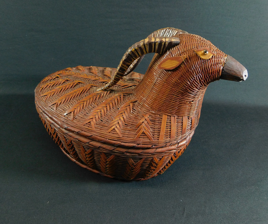 Vintage Rams Head Wicker Rattan Basket, Handwoven Handmade Lidded Basket
