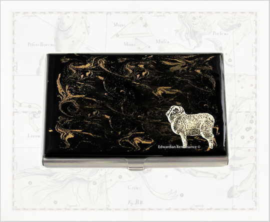 Aries Business Card Case Inlaid in Hand Painted Black Enamel With Gold Swirl Zodiac Design Personalized & Custom Color Options Available