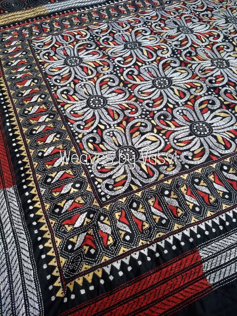 Blended Silk Black Kantha Stitch Saree