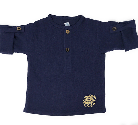 Navy Linen Blend Childrens Unisex Girls & Boys Button-Up Tunic With Medieval Style Gold Embroidered Bunny Formal/Casual Perfect For Summer