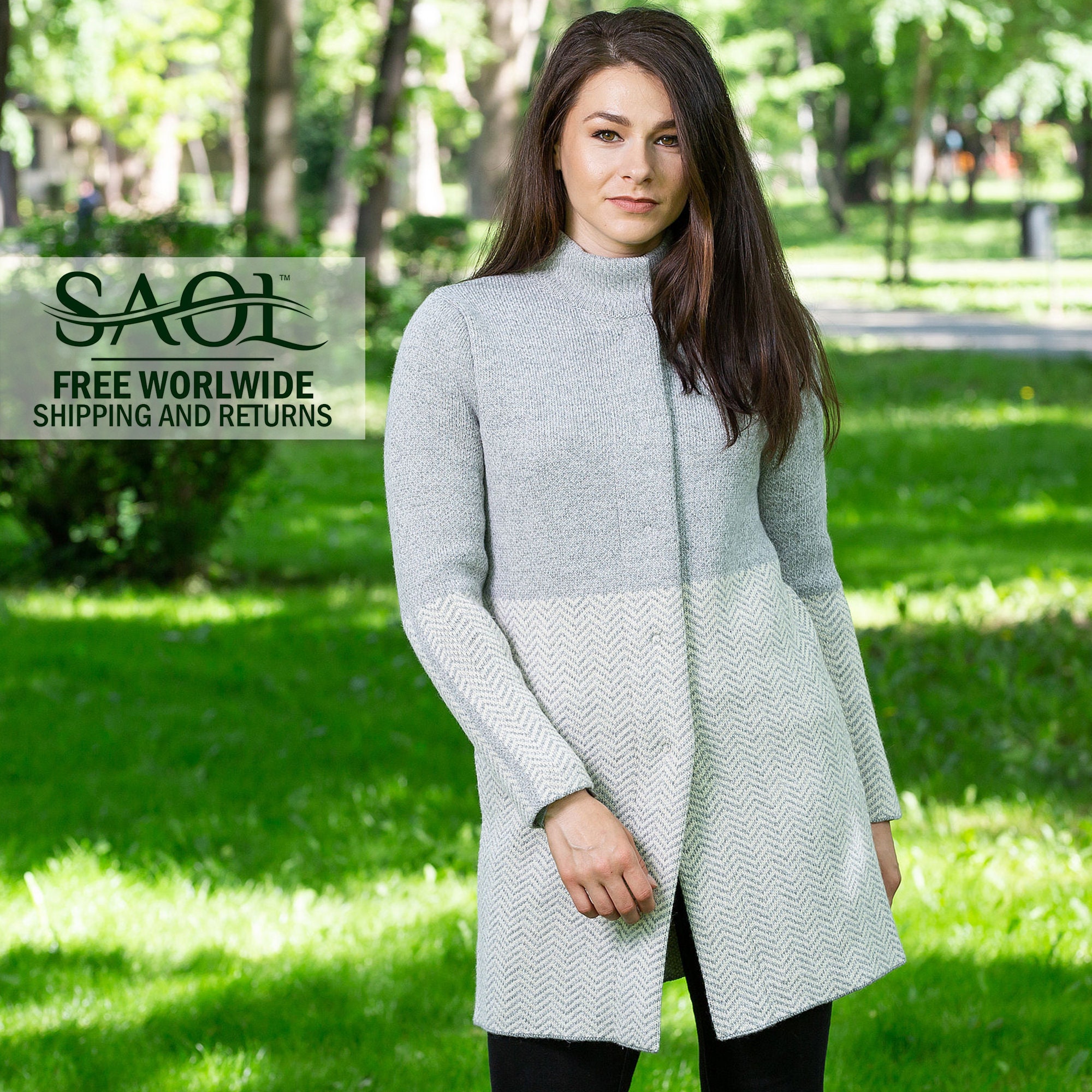 Irish Aran Cardigan, Merino Wool Blend Fisherman Womens Traditional Coat, Herringbone Long Ireland Knitted Coatigan