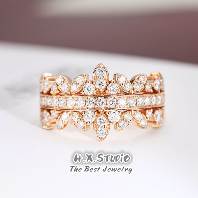 Diamond Tiara Ring in Solid 18K Gold/Diamond Crown Layered Ring/Custom Fine Jewelry/Personalization Design/Gift For Women & Girls