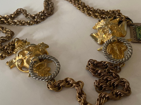 Vintage Designer Lucien Piccard Runway Statement Figural Door Knocker Style Necklace Signed Gold To Be Silver Tone Nwt Dos