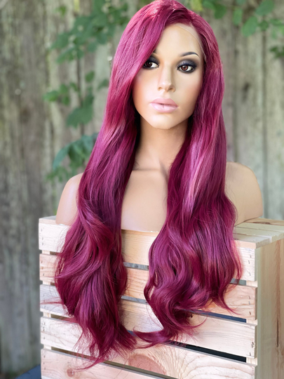 Human Hair Blend Wig Red 22" Burgundy Maroon Long Wavy Lace Front 13x3" Free Parting