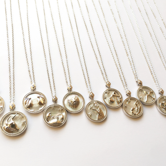 Silver Tone Zodiac Sign Mother Of Pearl Shell Coin Necklace, Star Sign, Constellation, Horoscope Stainless Steel Necklace Price