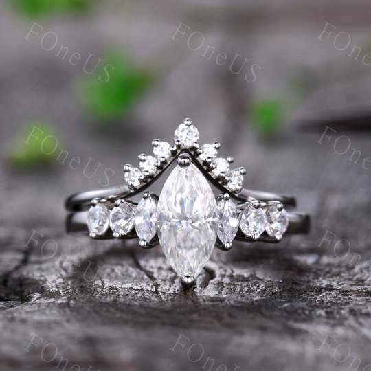 Marquise Moissanite Engagement Ring Set Vintage White Gold Unique Curved Stacking Band Art Deco Bridal