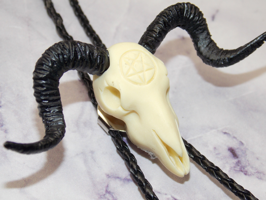 Pentagram Long Horn Skull Bolo Tie Necklace Black Braided Leather Cord Gothic Statement Piece