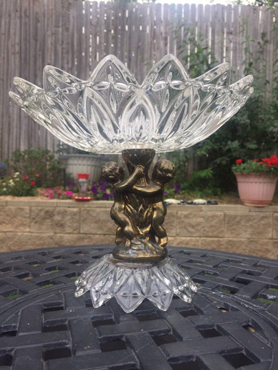 Hollywood Regency Cut Glass Pedestal Bowl With Brass Cherubs Or Putti, Vintage Collectible