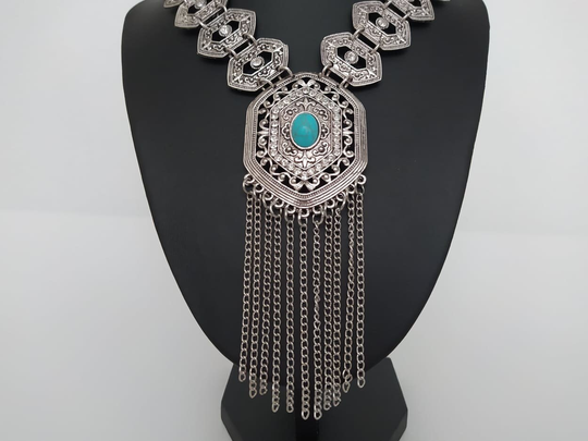 Vintage Necklace, Oxidized Boho With Turquoise Stone, Ethnic, Gift For Her
