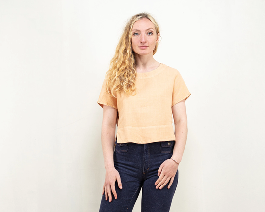 Women Linen Blouse 90S Boxy Short Sleeve Linen Blend Top Minimalist Summer Shirt Scoop Neckline Casual Northerngirlstore Size Small