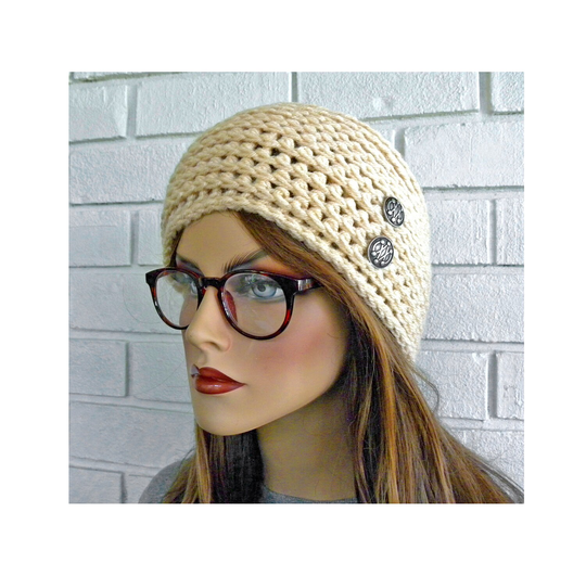 Beanie Hat, Off White Cloche Hat, Winter Hats For Women, Clouch Warm Hat With Buttons, Acrylic Yarn