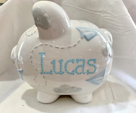 Personalized Large Piggy Bank Paper Airplanes -Baby's 1st Christmas, Air Force, Ring Bearer, Christening, Baptism, Birthday, Newborn Gift