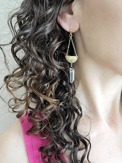 Crystal Quartz Earrings. Gold Dangle Half Circle Earrings With Quartz. Sterling Silver Drop Gift For Her