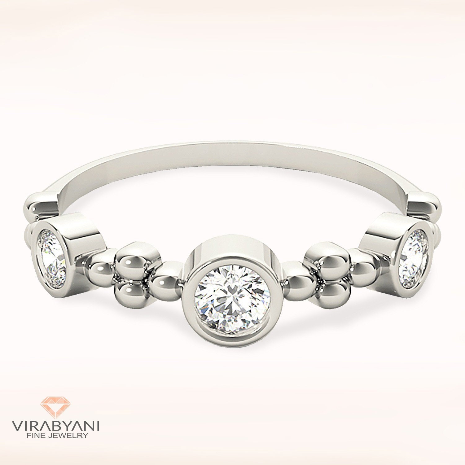 0.34 Ctw Diamond Wedding Band - 14K/18K Solid White Gold/Platinum | 3 Diamonds Bezel Set Anniversary Ring