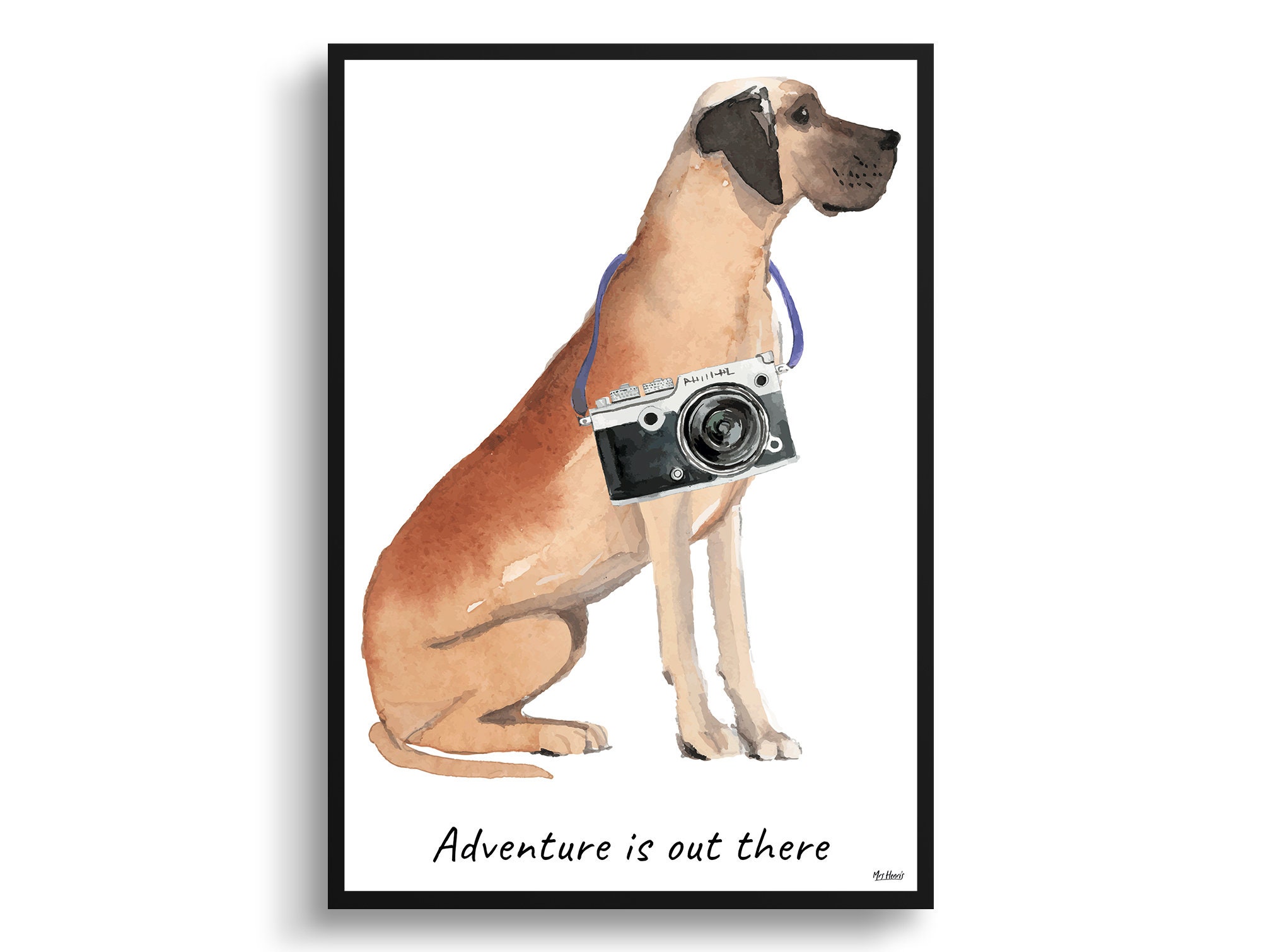 Adventure Is Out There Great Dane Dog Print Illustration. Framed & Un-Framed Wall Art Options. Personalised Name