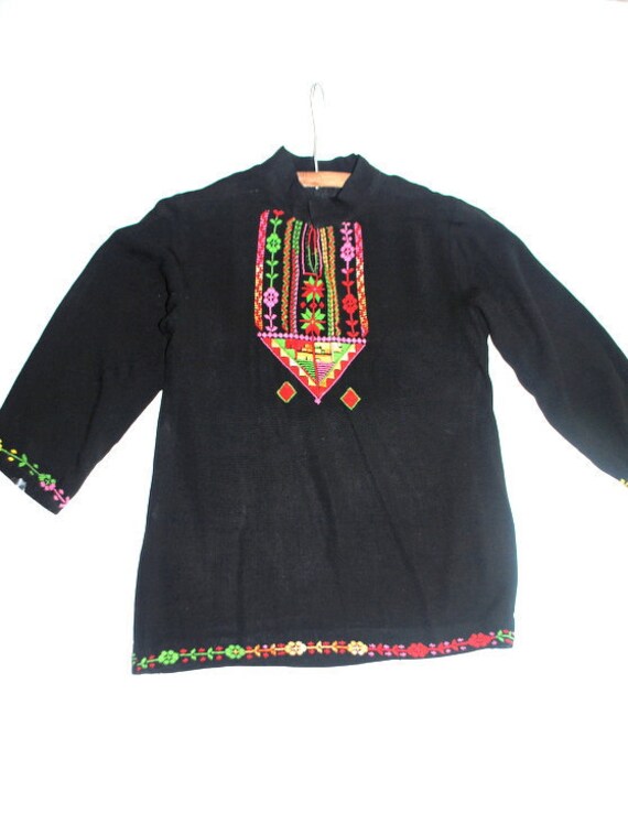 Ethnic Vintage 1960S, Black Rayon Blend , Peasant, Hand Made Blouse With A Multi Color Cross Stitching Embroidery. Size Small