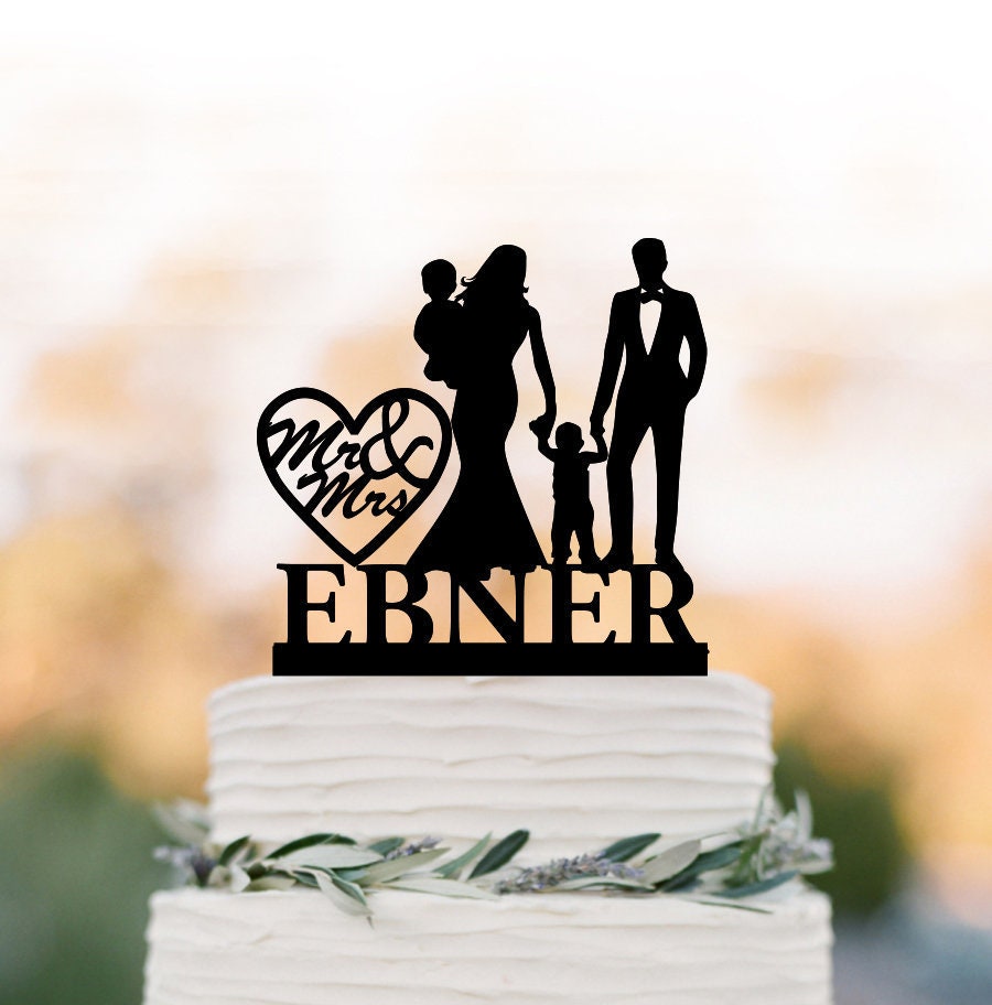Family Wedding Cake Topper With Baby & Toddler Boy, Bride Groom Silhouette, Personalized Wedding Cake 2 Childs