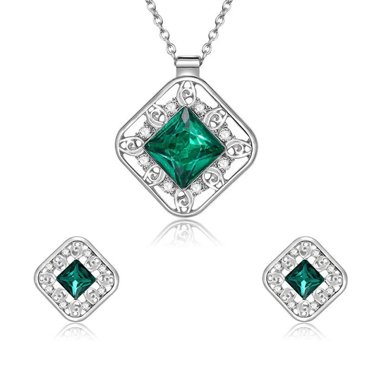 Emerald Silver Fashion Necklace & Earrings Set