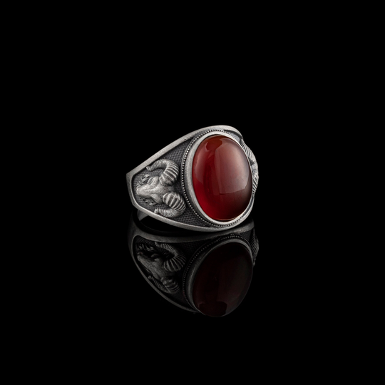 Carnelian Ram Head Silver Men Ring, Red Stone Oxidized Gemstone Aries Man Zodiac Ring Husband Gift