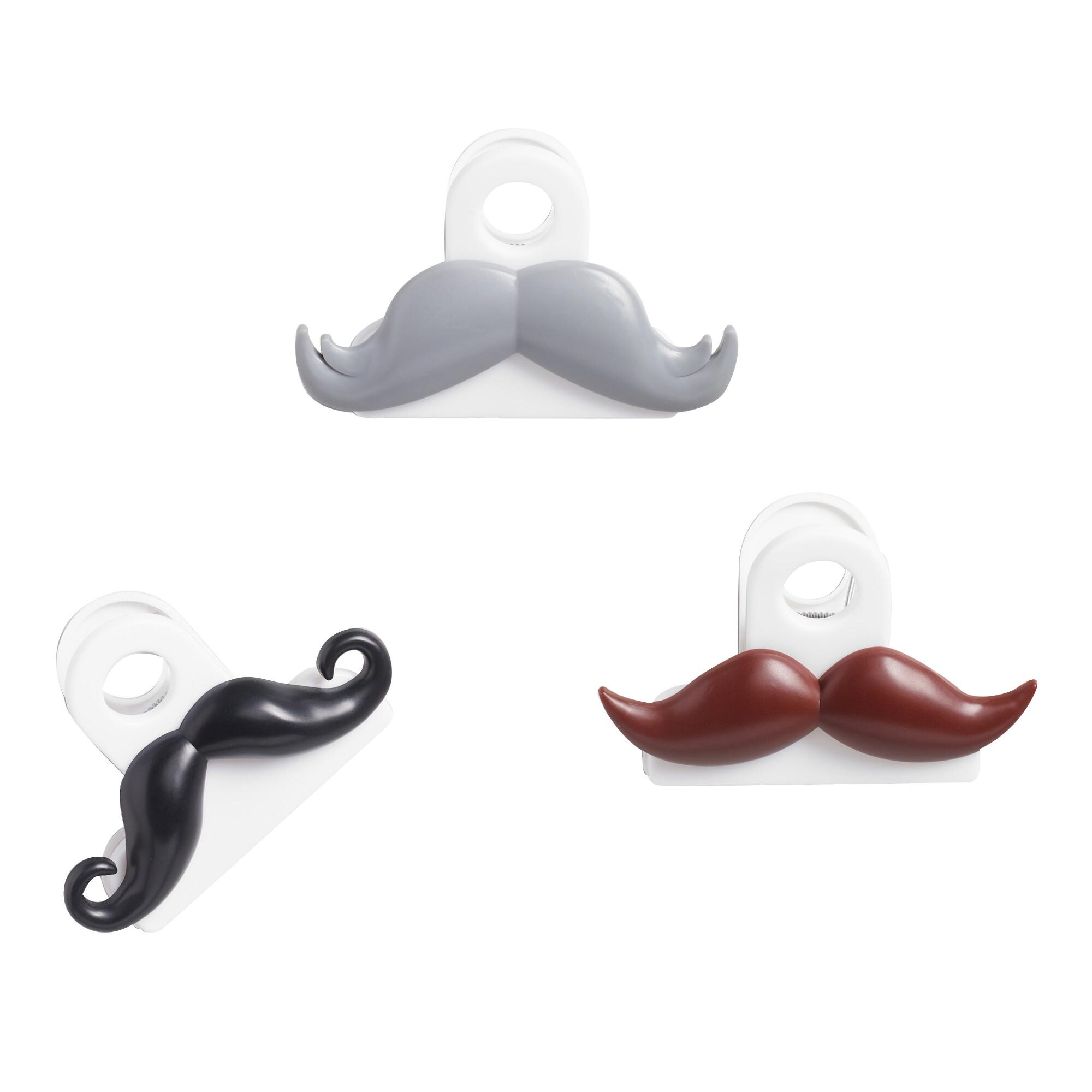 Kikkerland Mustache Bag Clips 3 Pack: Black/Brown/Gray - Plastic by World Market