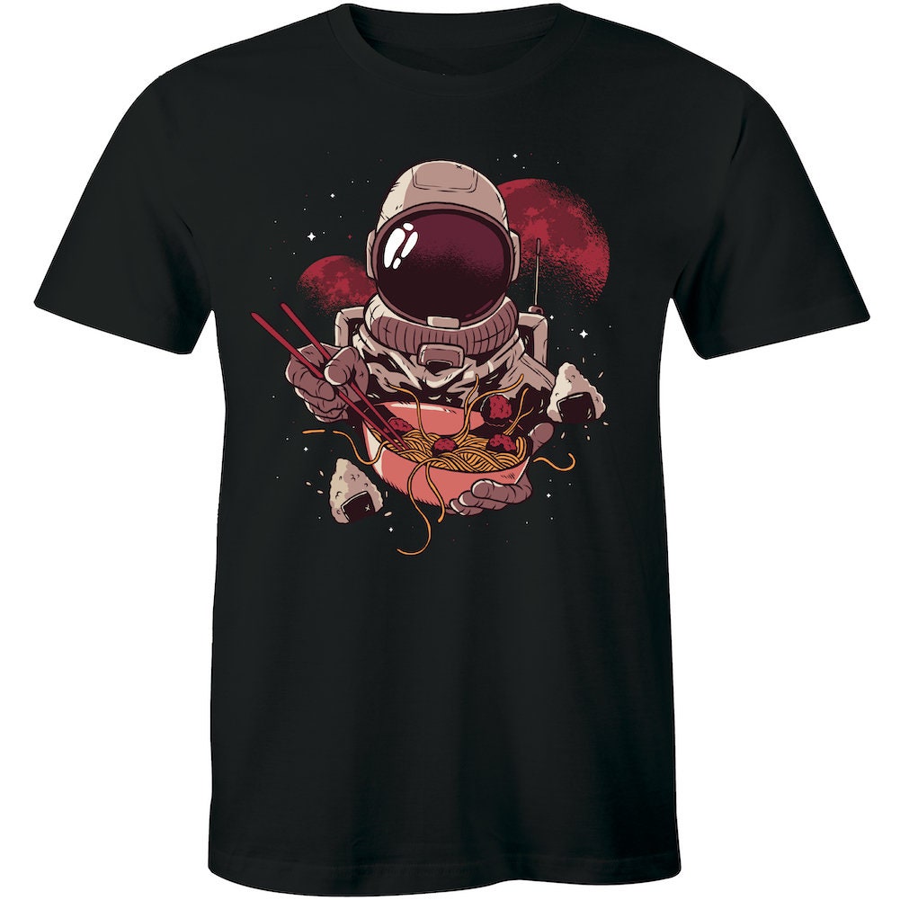 Astronaut Eating Ramen Noodles in Space Printed Men's T-Shirt Mars Ufo Top