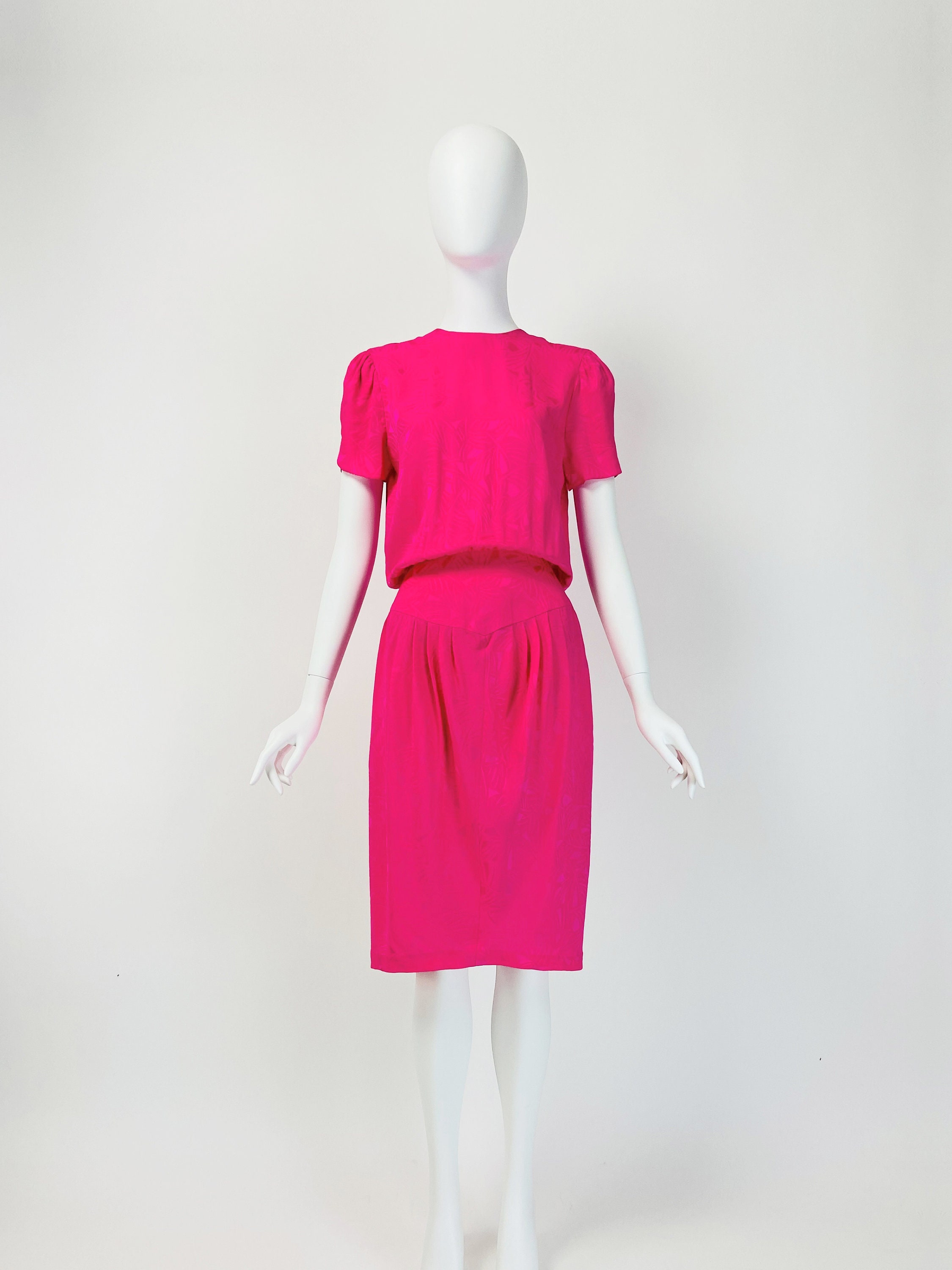 Vintage 80S 90S Dress, Silk Hot Pink Midi Retro Princess Waist Small Medium, Size 6 8 Us, 10 12 Uk, W496