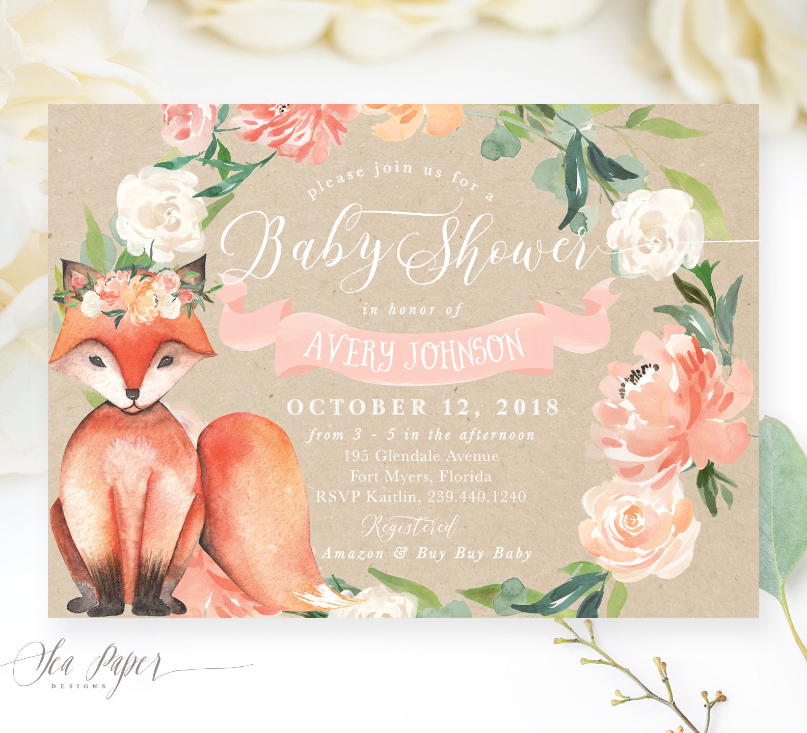 Fox Baby Shower Invitation Girl, Woodland Girl Invite, Floral Invite Rustic Flowers & Greenery - Avery