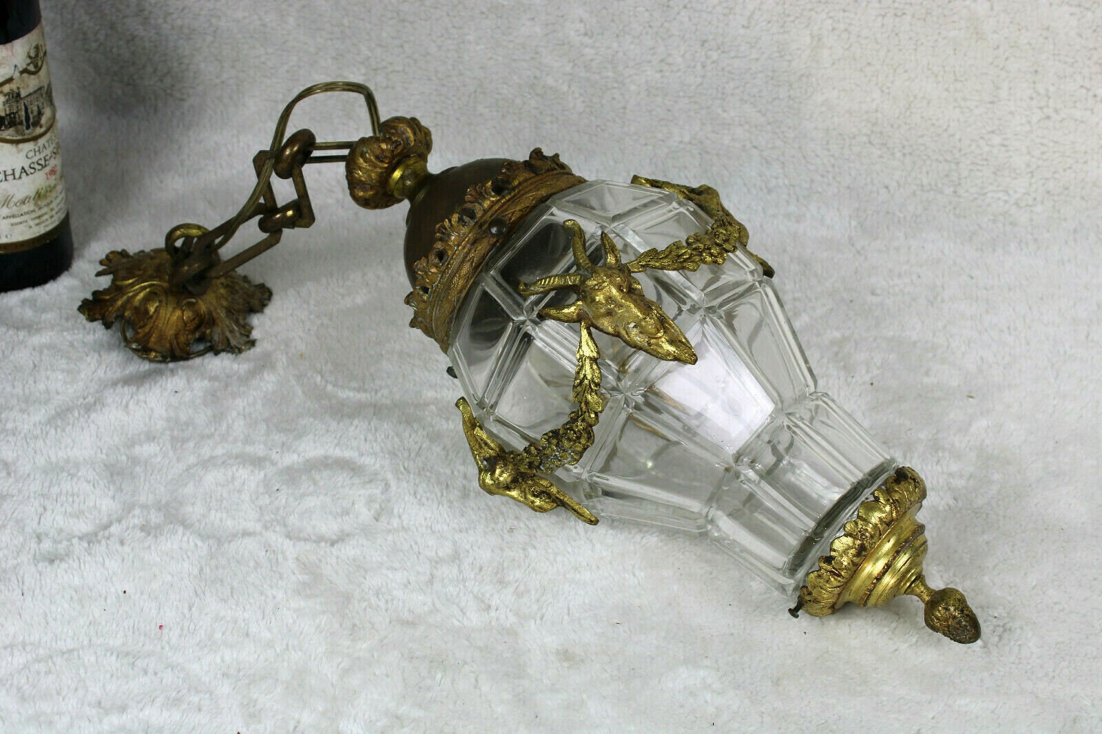 Antique French Bronze Ram Head Crystal Glass Lantern Lamp Chandelier 1900S