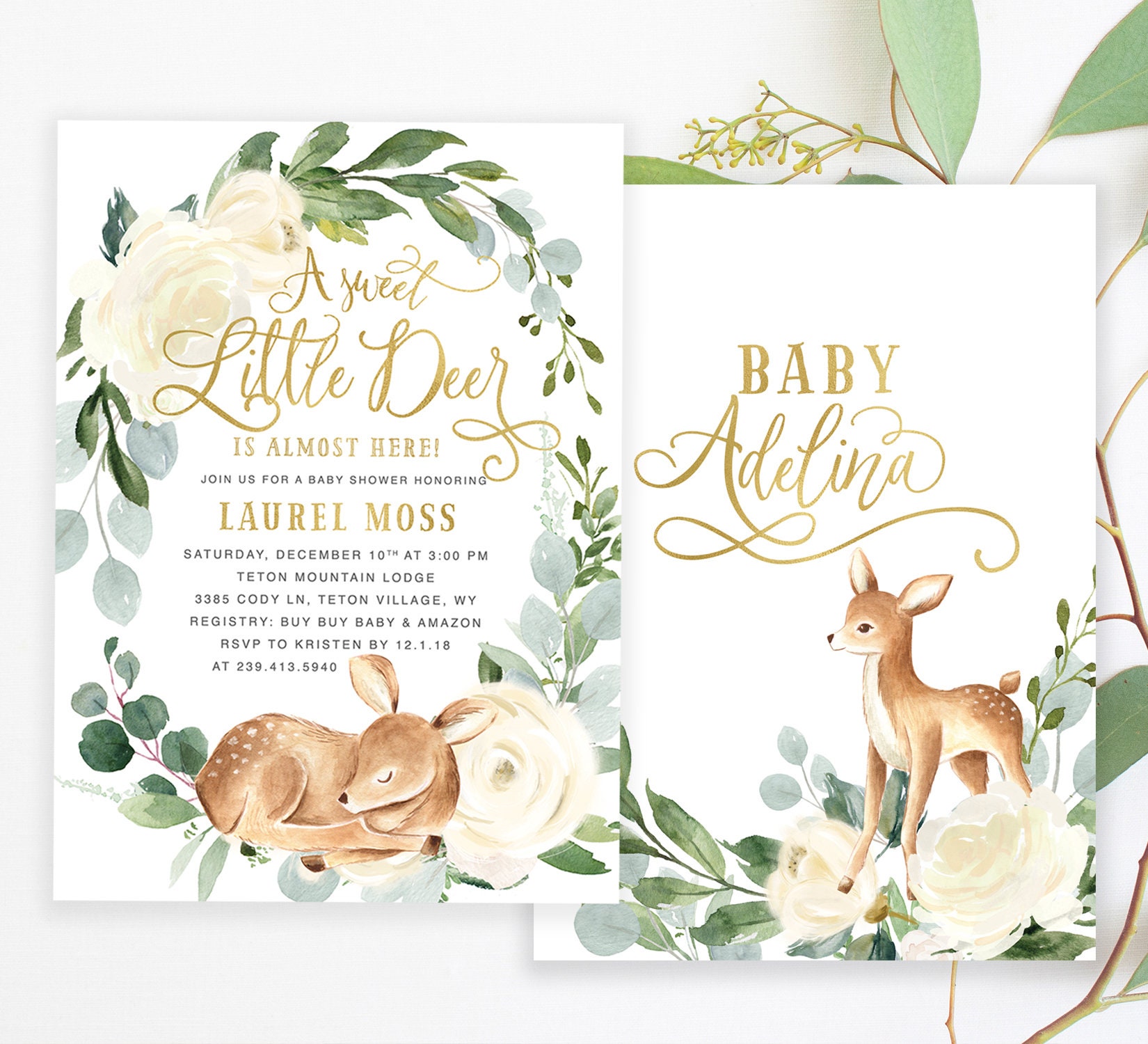 Deer Baby Shower Invitation, Gender Neutral Invite, Woodland Fawn Shower, Greenery & Florals