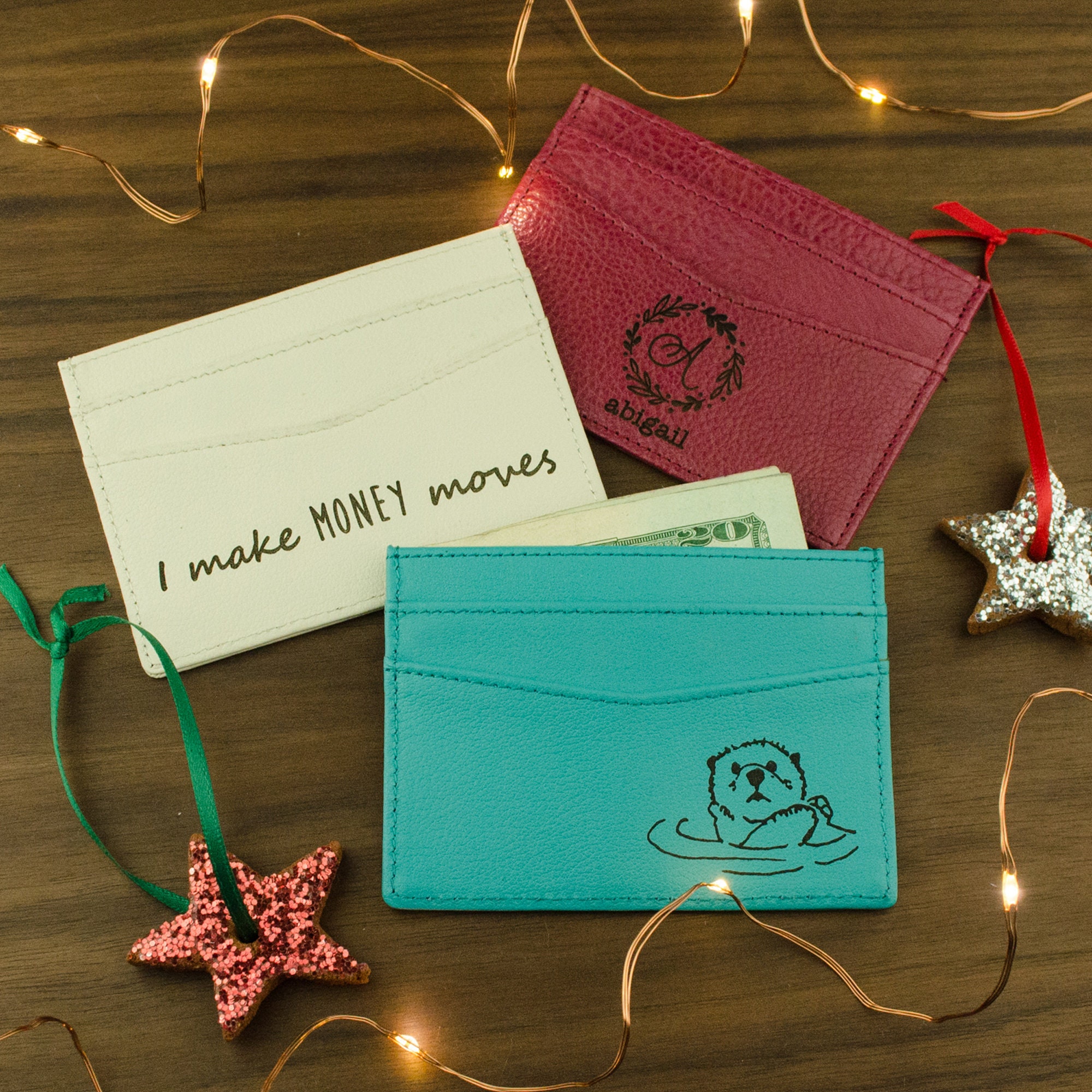 Monogrammed Slim Leather Wallet, Birthday Gift For Her, Personalized Engraved Cardholder With Monogram, Signature, Or Drawing Slim Wallet