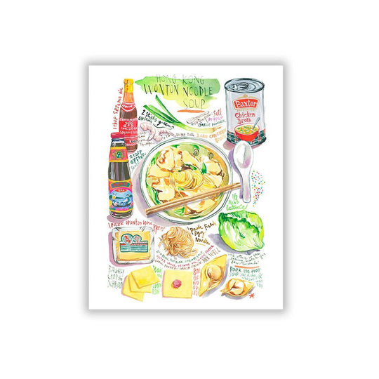 Wonton Noodle Soup Recipe Print, Hong Kong Style Cuisine, Cantonese Kitchen Poster, Asian Wall Hanging, Watercolor Painting, Gouache Artwork