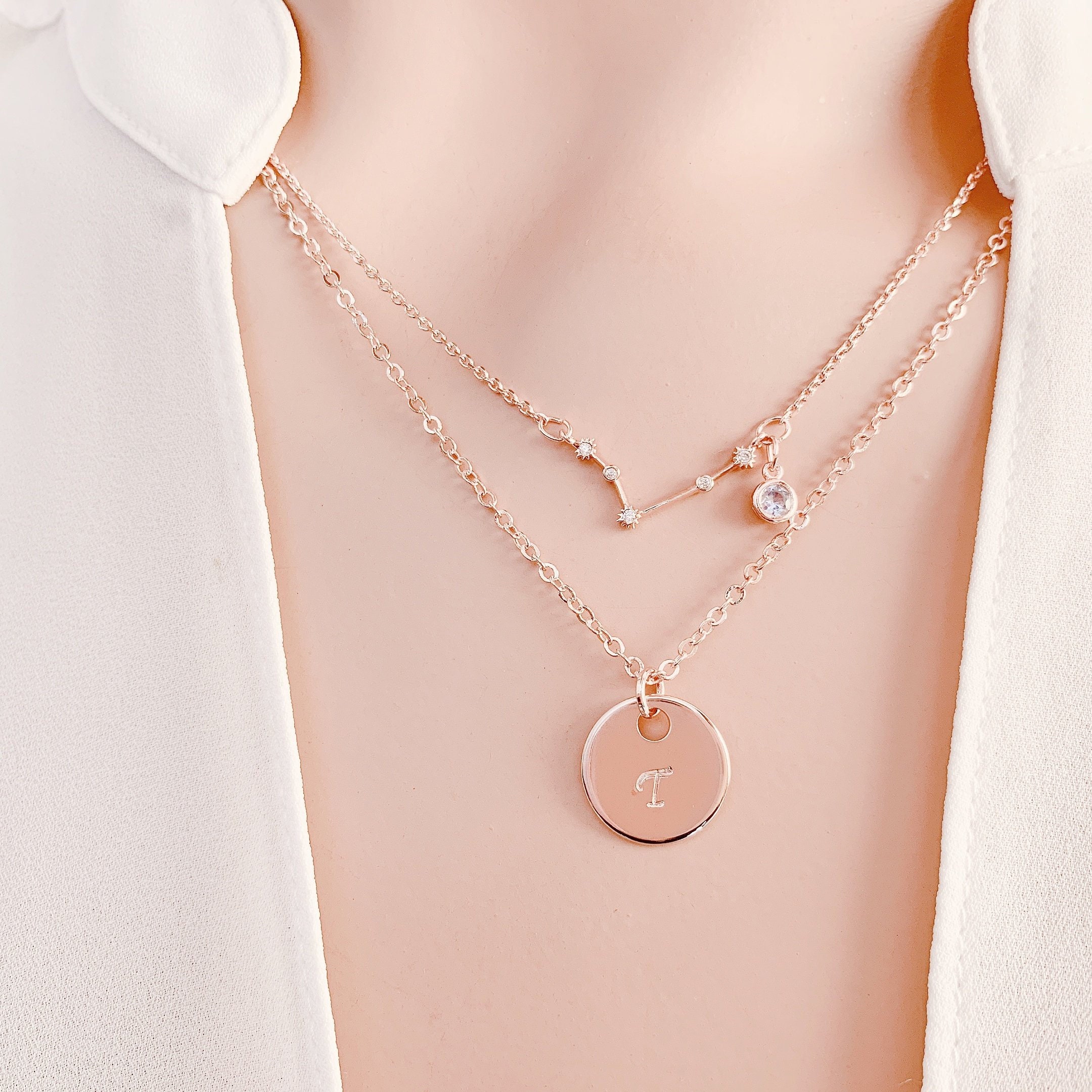 Rose Gold Zodiac Necklace, Birthstone Pendants Wanderlust Celestial Jewelry, Layering Necklaces, Aries Necklace