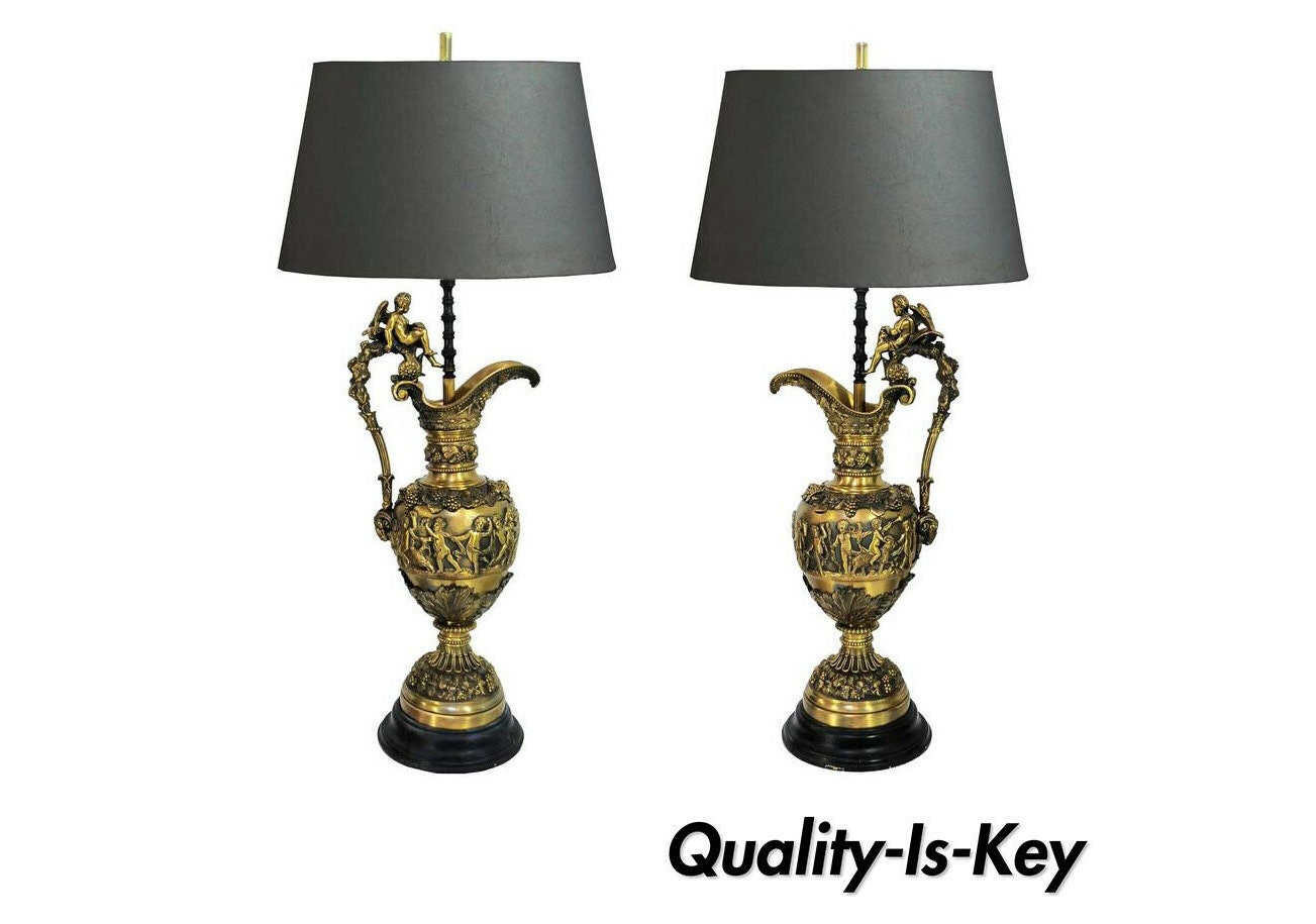 Pair Of Figural Cherub & Rams Head French Neoclassical Bronze Ewer Table Lamps