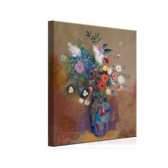 Bouquet Of Flowers By Odilon Redon -Floral Still Life Stretched Canvas Art Print-Calming Blues, Whites, Greens On An Earthy Brown Background