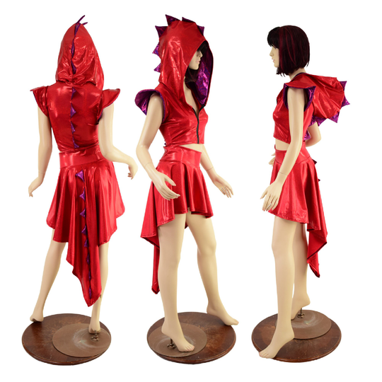 2Pc Red Sparkly Jewel Dragon Tail Skirt Set With Fuchsia Sj Spikes & Hood/Sleeve Liner // Zipper Front Flip Sleeves 157631